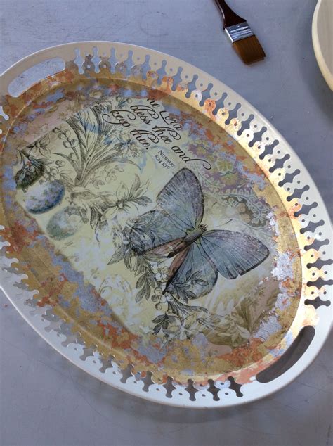 decoupage on metal box|metal tray diy with decoupage.